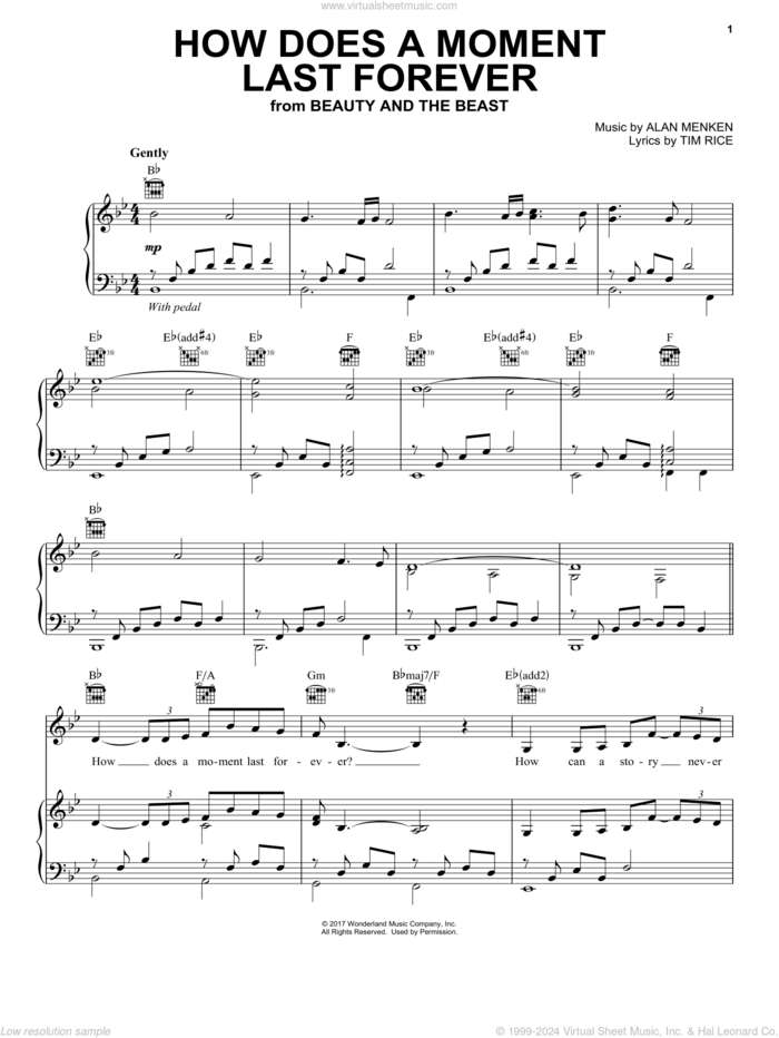 How Does A Moment Last Forever (from Beauty and the Beast) sheet music for voice, piano or guitar by Celine Dion, Alan Menken and Tim Rice, intermediate skill level
