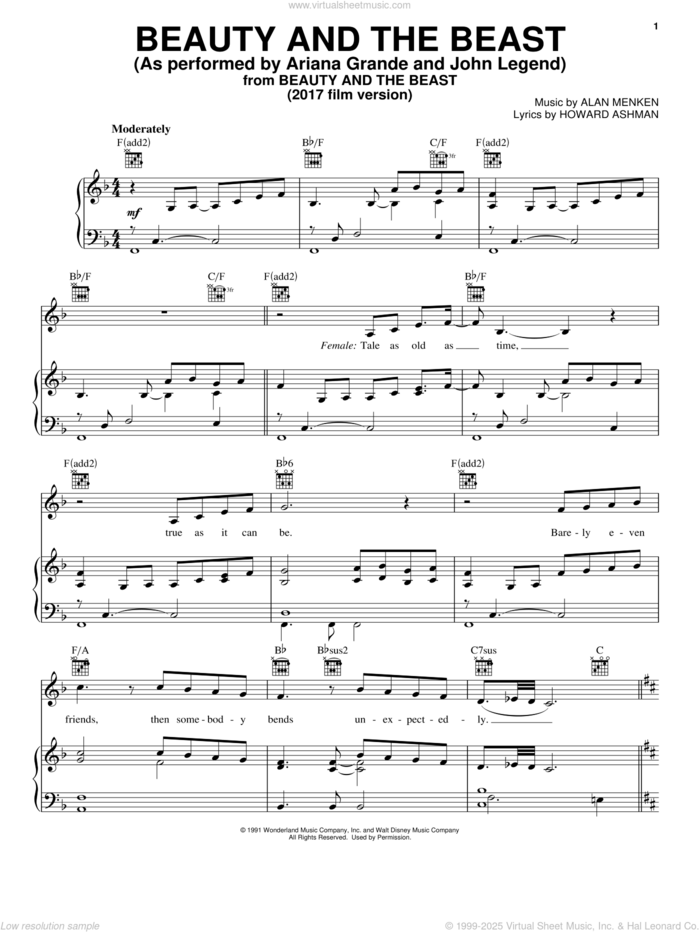 Beauty And The Beast sheet music for voice, piano or guitar by Ariana Grande & John Legend, Alan Menken and Howard Ashman, wedding score, intermediate skill level