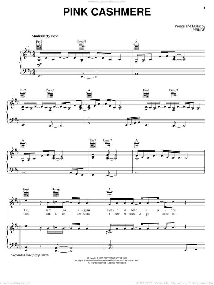 Pink Cashmere sheet music for voice, piano or guitar by Prince, intermediate skill level