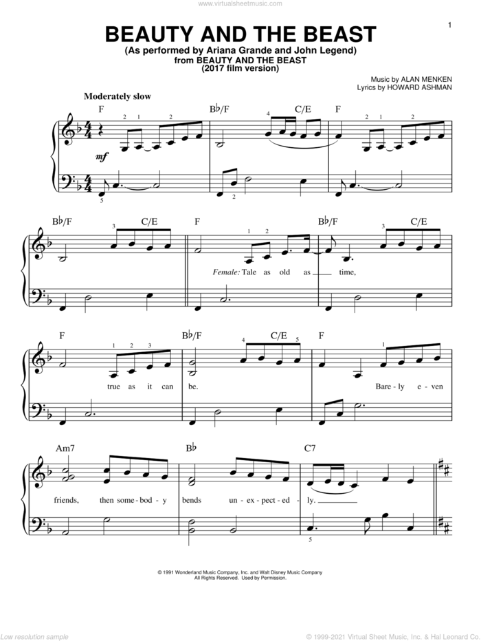 Beauty And The Beast sheet music for piano solo by Ariana Grande & John Legend, Alan Menken and Howard Ashman, easy skill level