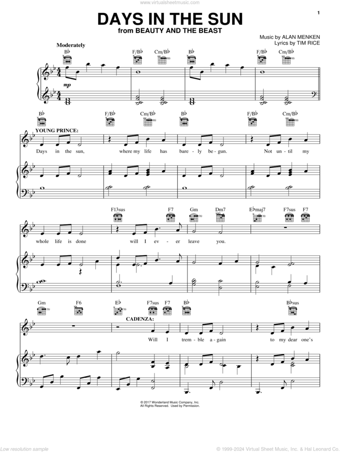 Days In The Sun (from Beauty And The Beast) sheet music for voice, piano or guitar by Beauty and the Beast Cast, Adam Mitchell, Audra McDonald, Clive Rowe, Emma Thompson, Emma Watson, Ewan McGregor, Gugu Mbatha-Raw, Ian McKellan, Stanley Tucci, Alan Menken & Tim Rice, Alan Menken and Tim Rice, intermediate skill level
