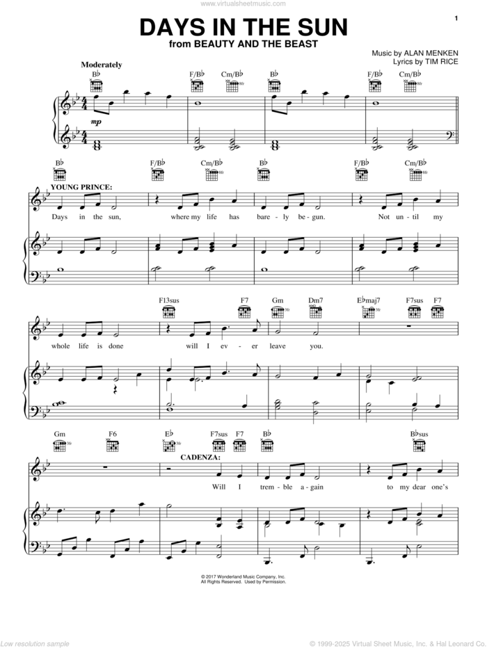 Days In The Sun (from Beauty And The Beast) sheet music for voice, piano or guitar by Beauty and the Beast Cast, Adam Mitchell, Audra McDonald, Clive Rowe, Emma Thompson, Emma Watson, Ewan McGregor, Gugu Mbatha-Raw, Ian McKellan, Stanley Tucci, Alan Menken & Tim Rice, Alan Menken and Tim Rice, intermediate skill level