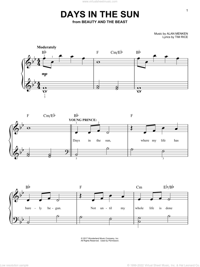 Days In The Sun (from Beauty And The Beast), (easy) sheet music for piano solo by Beauty and the Beast Cast, Adam Mitchell, Audra McDonald, Clive Rowe, Emma Thompson, Emma Watson, Ewan McGregor, Gugu Mbatha-Raw, Ian McKellan, Stanley Tucci, Alan Menken and Tim Rice, easy skill level