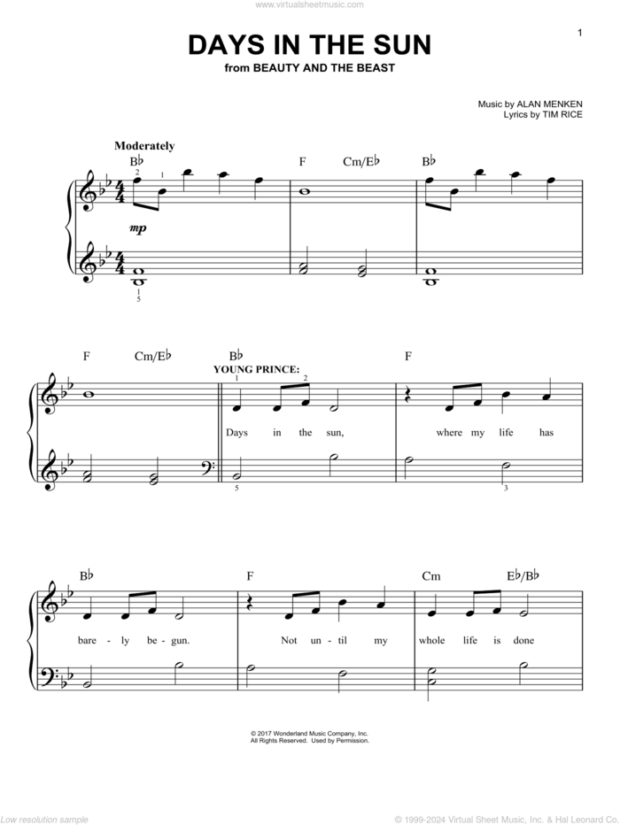 Days In The Sun (from Beauty And The Beast), (easy) sheet music for piano solo by Beauty and the Beast Cast, Adam Mitchell, Audra McDonald, Clive Rowe, Emma Thompson, Emma Watson, Ewan McGregor, Gugu Mbatha-Raw, Ian McKellan, Stanley Tucci, Alan Menken & Tim Rice, Alan Menken and Tim Rice, easy skill level