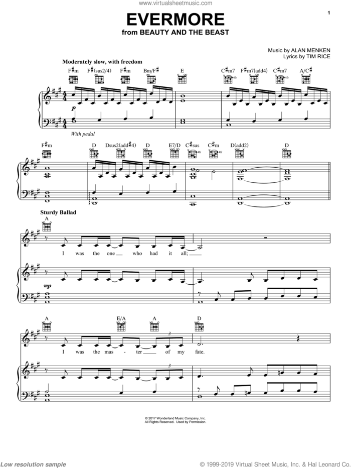 Evermore (from Beauty and the Beast) sheet music for voice, piano or guitar by Josh Groban, Alan Menken and Tim Rice, intermediate skill level