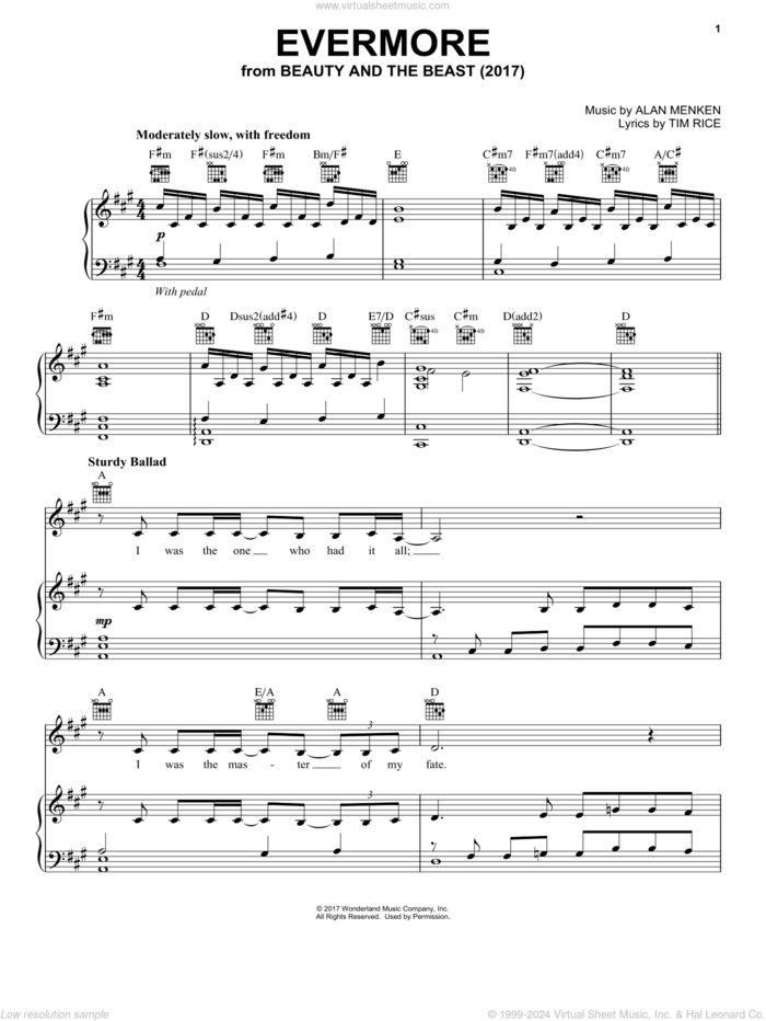 Evermore (from Beauty and the Beast) sheet music for voice, piano or guitar by Josh Groban, Alan Menken and Tim Rice, intermediate skill level