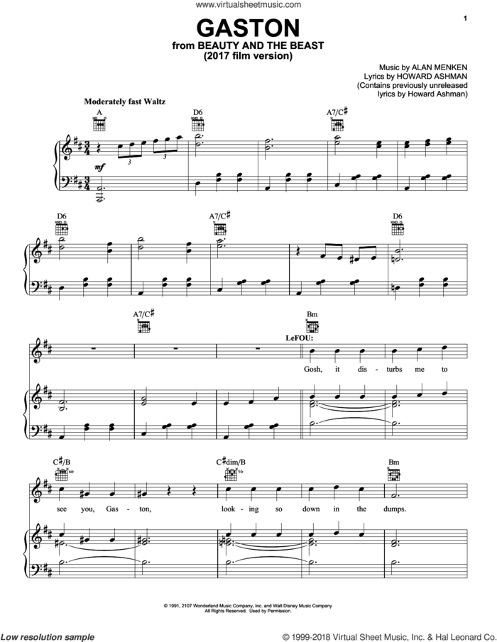 Gaston (from Beauty And The Beast) (2017) sheet music for voice, piano or guitar by Alan Menken, Beauty and the Beast Cast, Josh Gad, Josh Gad & Luke Evans, Luke Evans and Howard Ashman, intermediate skill level