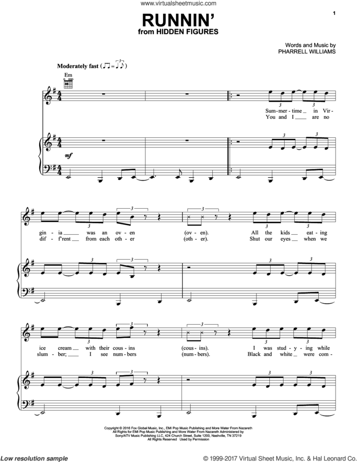 Runnin' sheet music for voice, piano or guitar by Pharrell Williams, intermediate skill level