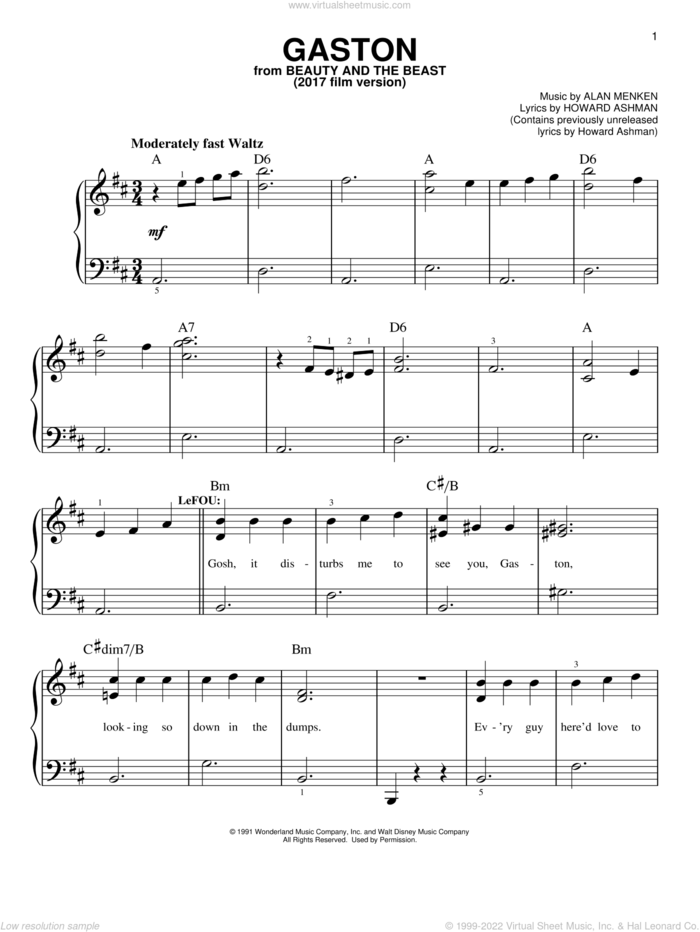 Gaston (from Beauty And The Beast) (2017) sheet music for piano solo by Beauty and the Beast Cast, Josh Gad, Josh Gad & Luke Evans, Luke Evans, Alan Menken and Howard Ashman, easy skill level