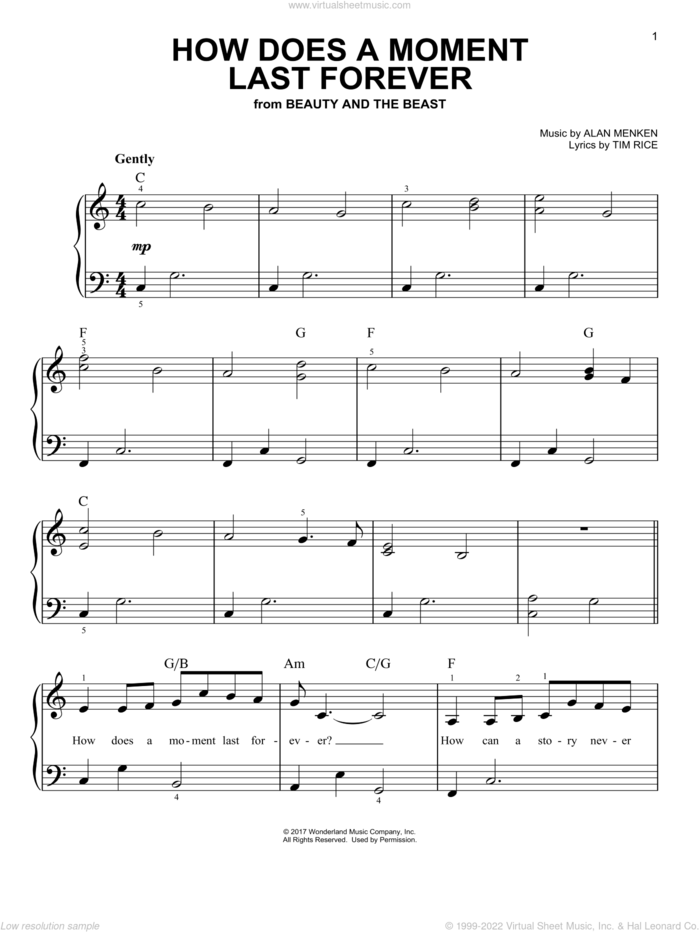How Does A Moment Last Forever (from Beauty And The Beast) sheet music for piano solo by Celine Dion, Alan Menken and Tim Rice, easy skill level