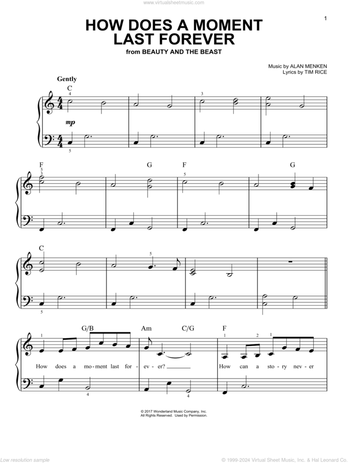 How Does A Moment Last Forever (from Beauty And The Beast), (easy) sheet music for piano solo by Celine Dion, Alan Menken and Tim Rice, easy skill level