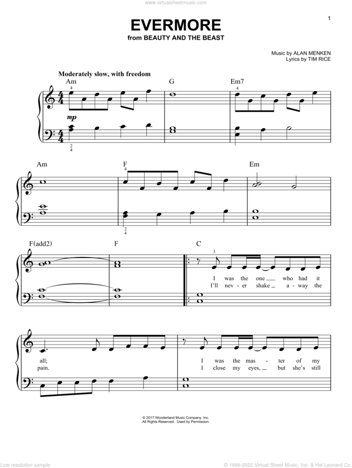 Evermore (from Beauty And The Beast), (easy) sheet music for piano solo by Josh Groban, Alan Menken and Tim Rice, easy skill level