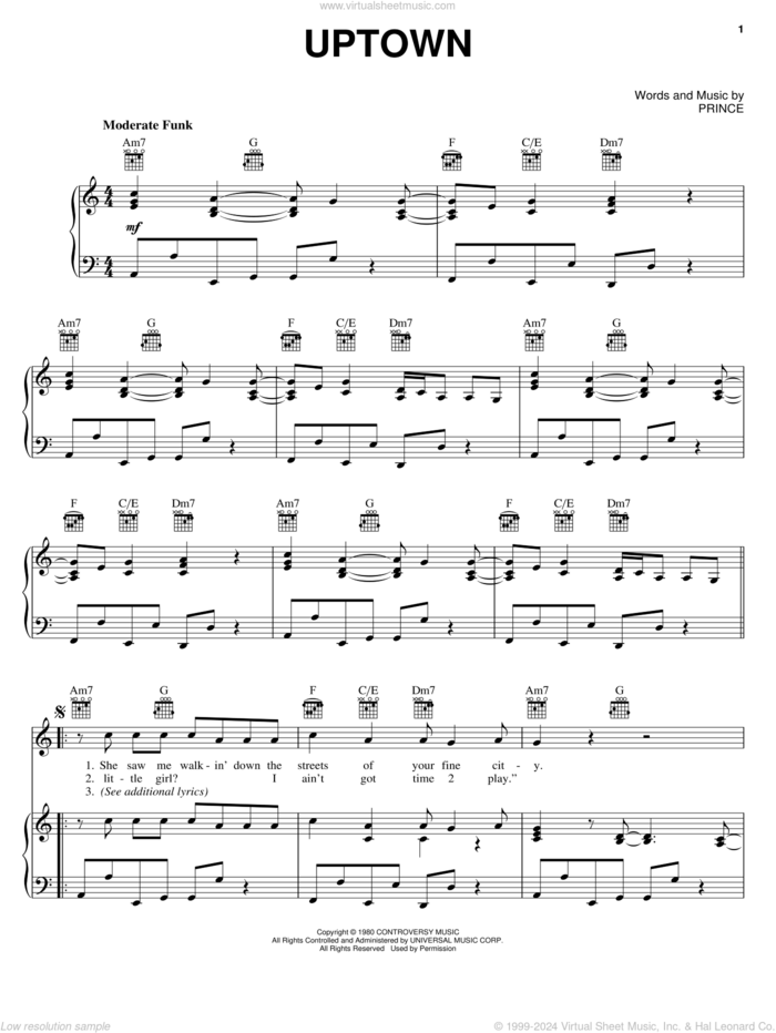 Uptown sheet music for voice, piano or guitar by Prince, intermediate skill level