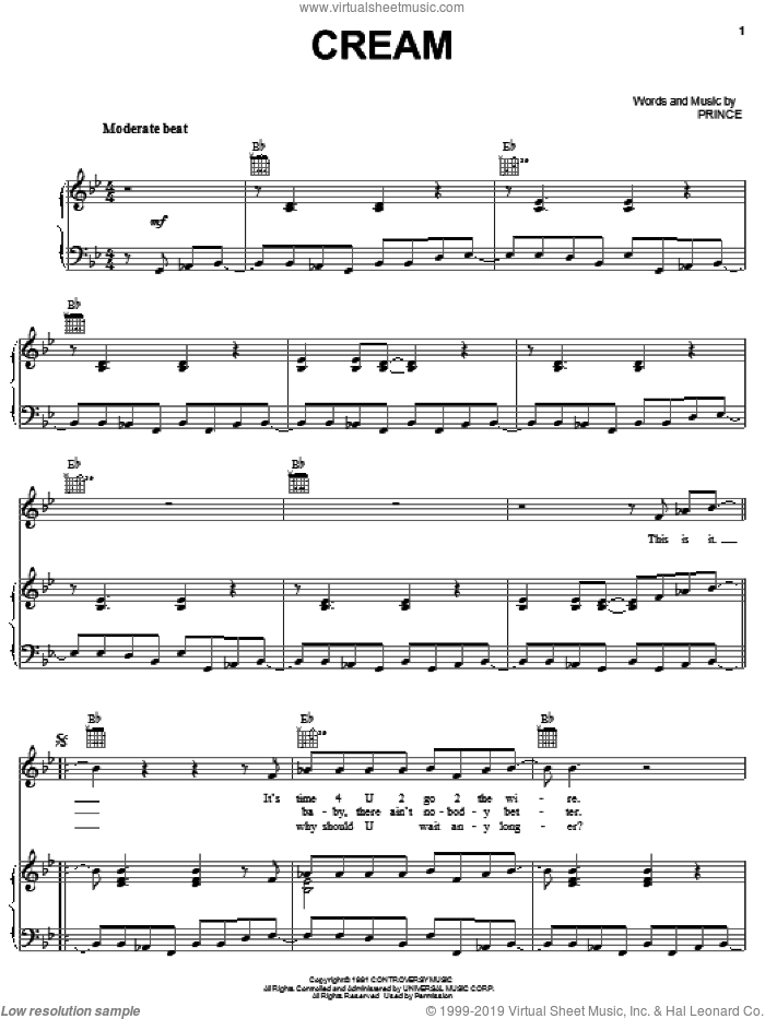 Cream sheet music for voice, piano or guitar by Prince and Prince & The New Power Generation, intermediate skill level