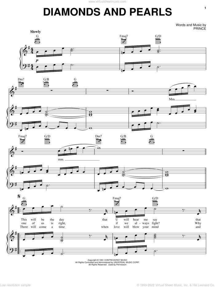 Diamonds And Pearls sheet music for voice, piano or guitar by Prince and Prince & The New Power Generation, intermediate skill level