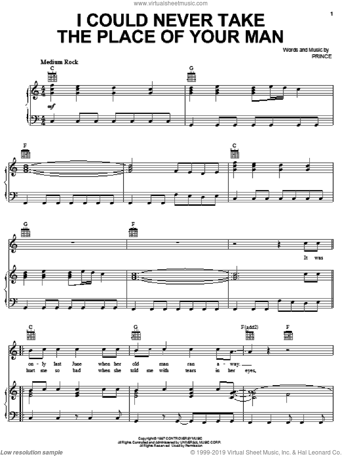 I Could Never Take The Place Of Your Man sheet music for voice, piano or guitar by Prince, intermediate skill level