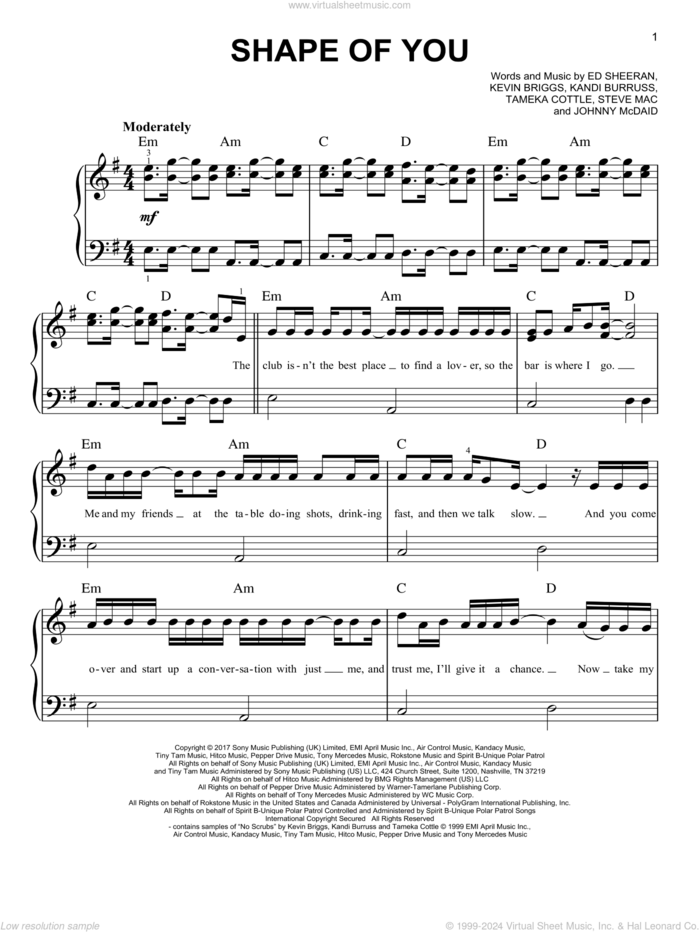 Shape Of You, (easy) sheet music for piano solo by Ed Sheeran, John McDaid and Steve Mac, easy skill level
