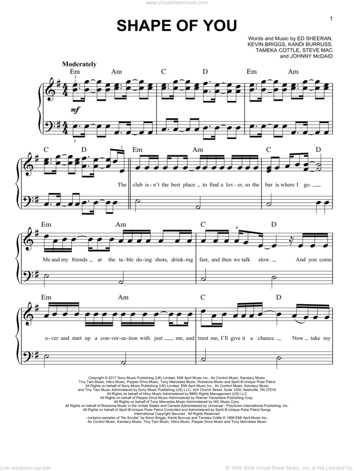 Shape Of You, (easy) sheet music for piano solo by Ed Sheeran, John McDaid and Steve Mac, easy skill level