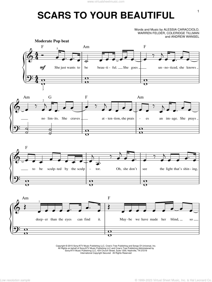 Scars To Your Beautiful, (easy) sheet music for piano solo by Alessia Cara, Alessia Caracciolo, Andrew Wansel, Coleridge Tillman and Warren Felder, easy skill level
