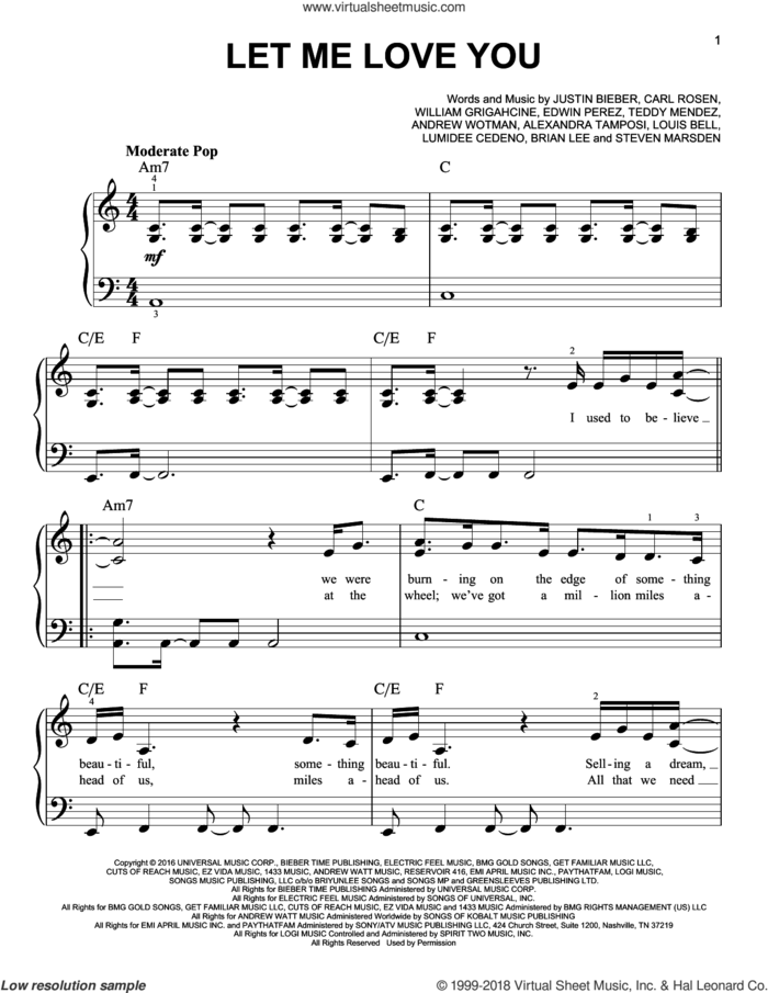 Let Me Love You sheet music for piano solo by DJ Snake Feat. Justin Bieber, Miscellaneous, Alexandra Tamposi, Andrew Wotman, Brian Lee, Carl Rosen, Justin Bieber, Louis Bell and William Grigahcine, easy skill level