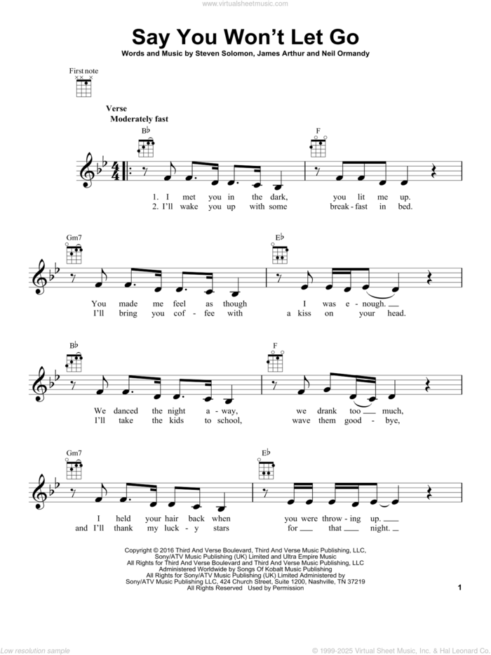 Say You Won't Let Go sheet music for ukulele by James Arthur, Neil Ormandy and Steve Solomon, intermediate skill level