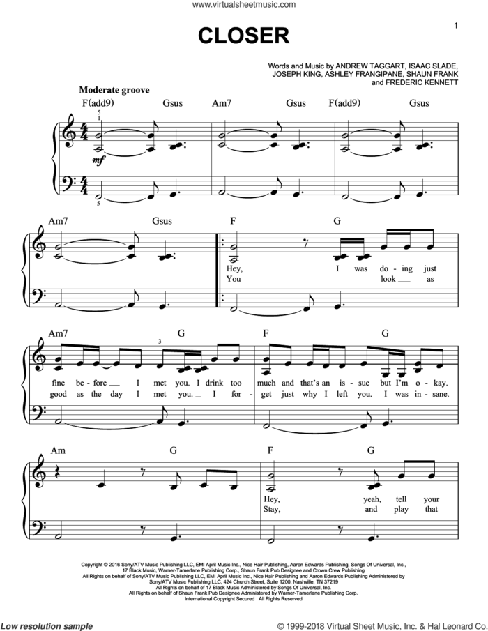 Closer sheet music for piano solo by The Chainsmokers featuring Halsey, Andrew Taggart, Ashley Frangipane, Frederic Kennett, Isaac Slade, Joseph King and Shaun Frank, easy skill level