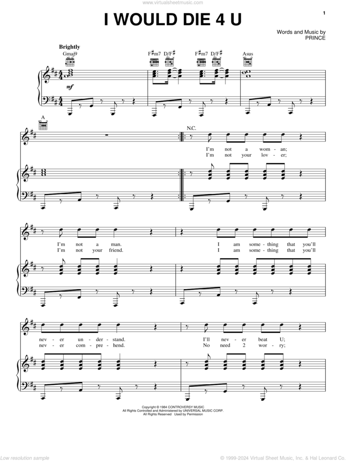 I Would Die 4 U sheet music for voice, piano or guitar by Prince and Prince & The Revolution, intermediate skill level