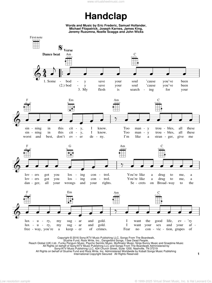 HandClap sheet music for ukulele by Fitz And The Tantrums, Eric Frederic, James King, Jeremy Ruzumna, John Wicks, Joseph Karnes, Michael Fitzpatrick, Noelle Scaggs and Sam Hollander, intermediate skill level