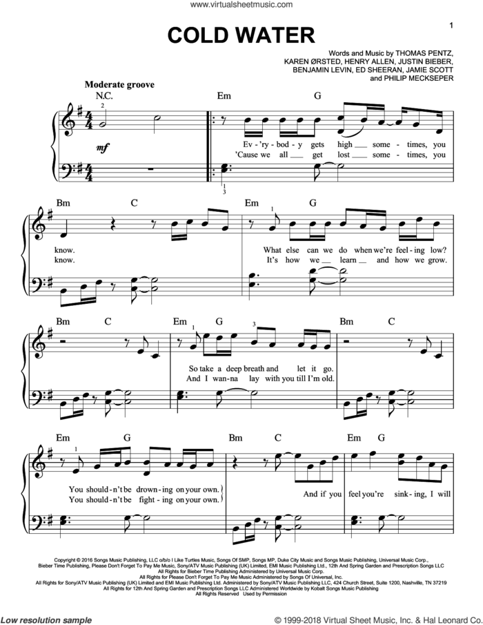 Cold Water (featuring Justin Bieber and MO) sheet music for piano solo by Major Lazer, Major Lazer feat. Justin Bieber and MAu, Major Lazer feat. Justin Bieber and MO, MO, Benjamin Levin, Ed Sheeran, Henry Allen, Jamie Scott, Justin Bieber, Karen Orsted, Philip Meckseper and Thomas Wesley Pentz, easy skill level
