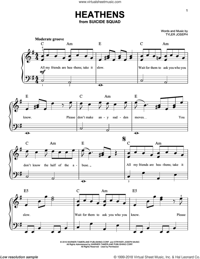 Heathens sheet music for piano solo by Twenty One Pilots and Tyler Joseph, easy skill level