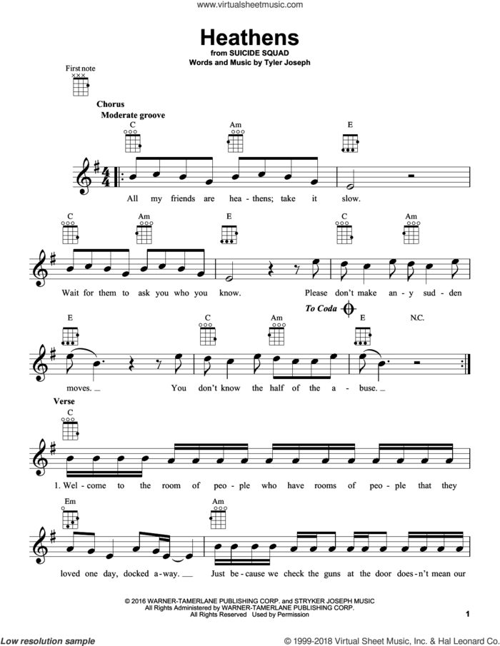 Heathens sheet music for ukulele by Twenty One Pilots and Tyler Joseph, intermediate skill level