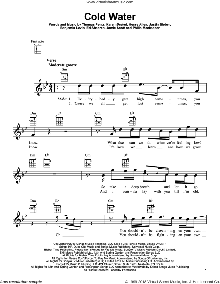 Cold Water (featuring Justin Bieber and MO) sheet music for ukulele by Major Lazer, Major Lazer feat. Justin Bieber and MAu, Major Lazer feat. Justin Bieber and MO, MO, Benjamin Levin, Ed Sheeran, Henry Allen, Jamie Scott, Justin Bieber, Karen Orsted, Philip Meckseper and Thomas Wesley Pentz, intermediate skill level