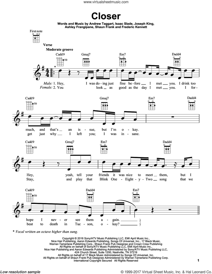 Closer sheet music for ukulele by The Chainsmokers featuring Halsey, Andrew Taggart, Ashley Frangipane, Frederic Kennett, Isaac Slade, Joseph King and Shaun Frank, intermediate skill level