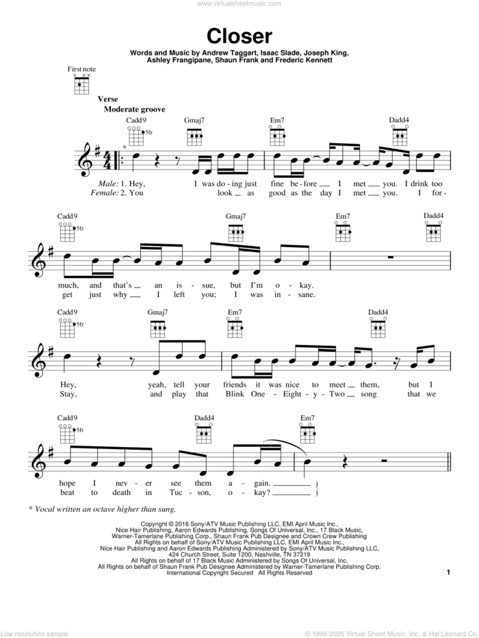 Closer sheet music for ukulele by The Chainsmokers featuring Halsey, Andrew Taggart, Ashley Frangipane, Frederic Kennett, Isaac Slade, Joseph King and Shaun Frank, intermediate skill level