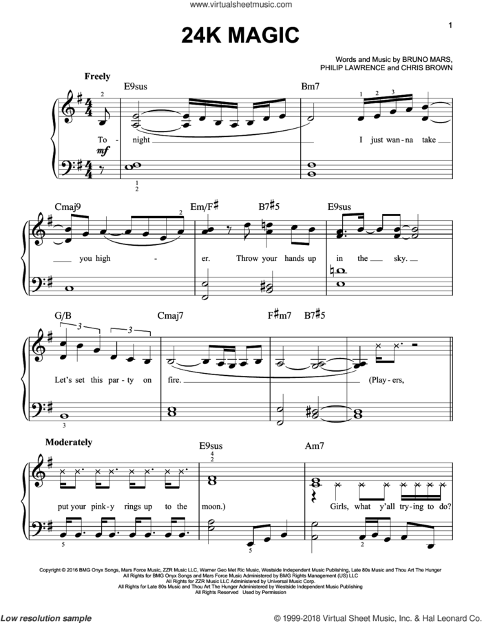 24K Magic sheet music for piano solo by Bruno Mars, Chris Brown and Philip Lawrence, easy skill level