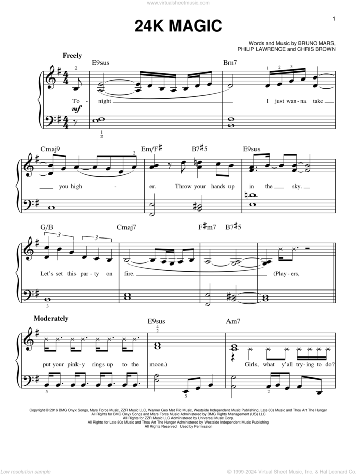 24K Magic, (easy) sheet music for piano solo by Bruno Mars, Chris Brown and Philip Lawrence, easy skill level