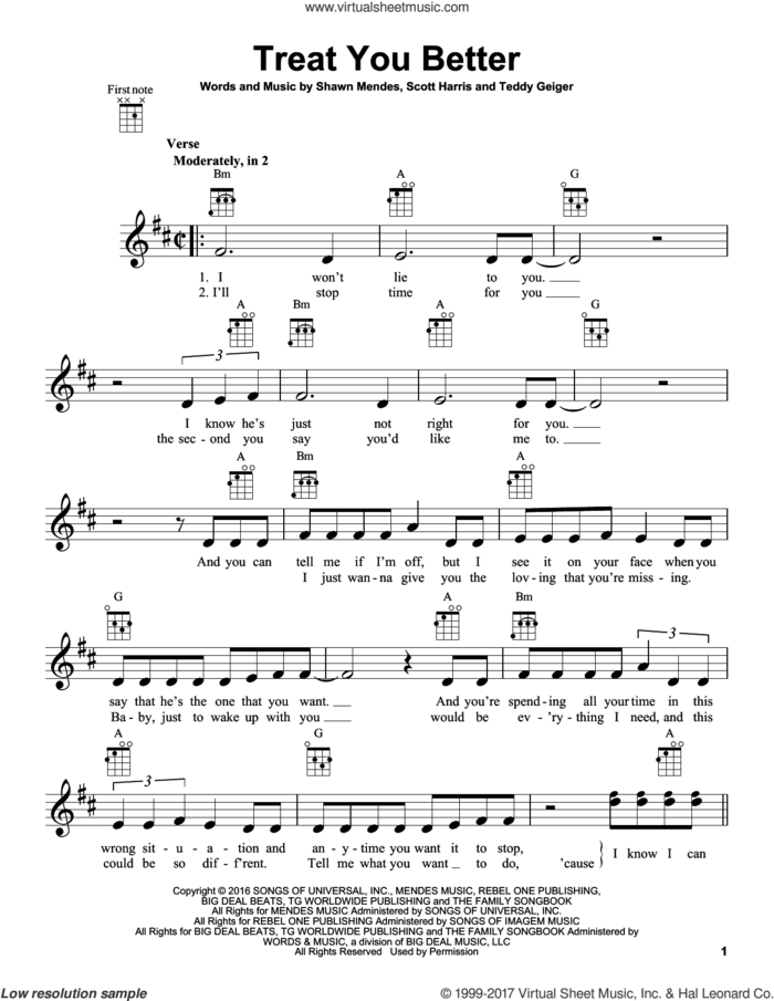 Treat You Better sheet music for ukulele by Shawn Mendes, Scott Harris and Teddy Geiger, intermediate skill level