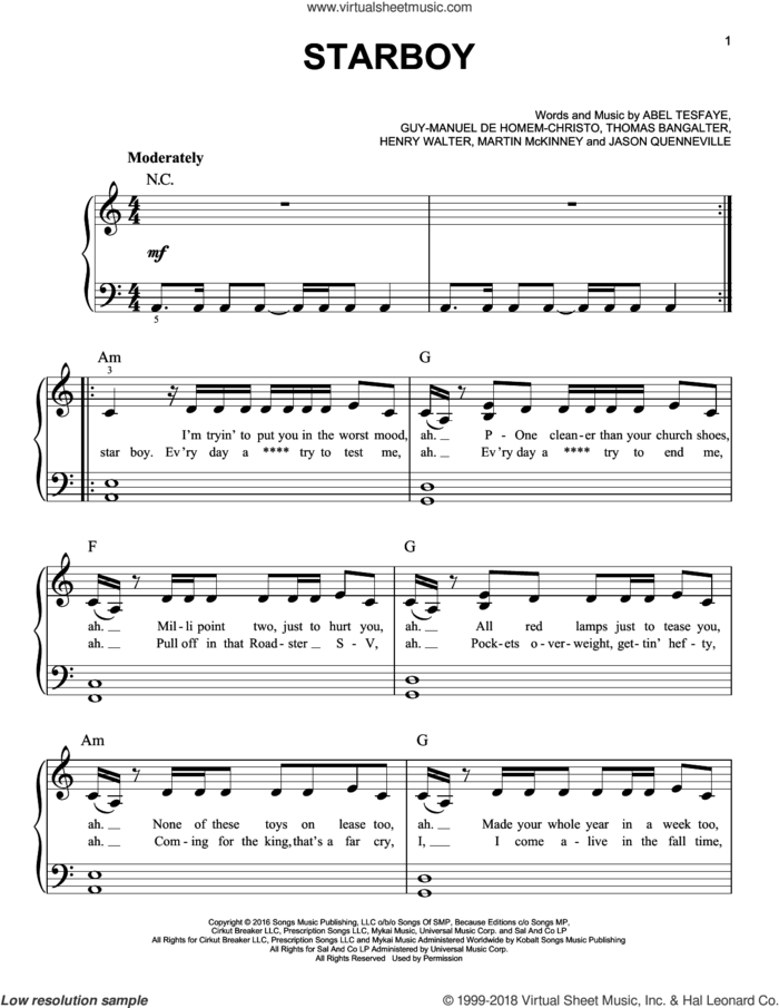 Starboy sheet music for piano solo by The Weeknd feat. Daft Punk, Abel Tesfaye, Guy-Manuel de Homem-Christo, Henry Russell Walter, Jason Quenneville, Martin McKinney and Thomas Bangalter, easy skill level
