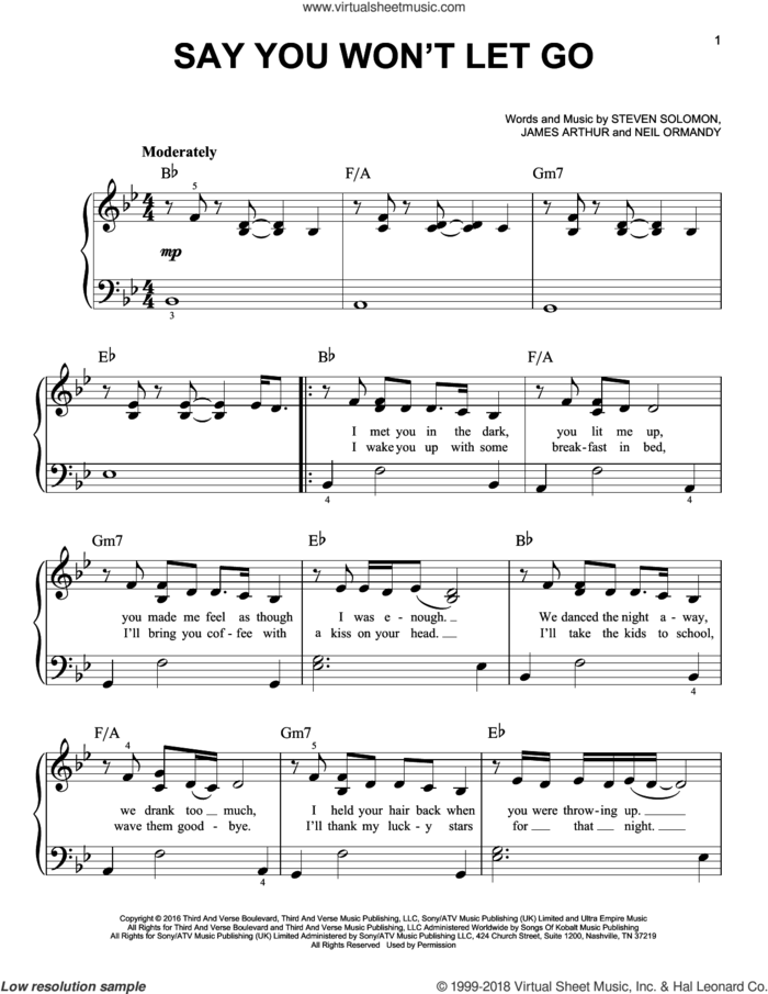 Say You Won't Let Go sheet music for piano solo by James Arthur, Neil Ormandy and Steve Solomon, easy skill level