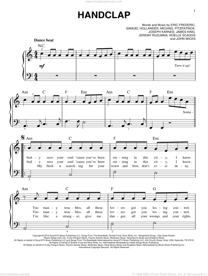 HandClap sheet music for piano solo by Fitz And The Tantrums, Eric Frederic, James King, Jeremy Ruzumna, John Wicks, Joseph Karnes, Michael Fitzpatrick, Noelle Scaggs and Sam Hollander, easy skill level