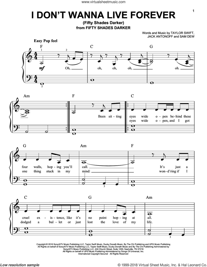 I Don't Wanna Live Forever (Fifty Shades Darker) sheet music for piano solo by Zayn and Taylor Swift, Jack Antonoff, Sam Dew and Taylor Swift, easy skill level