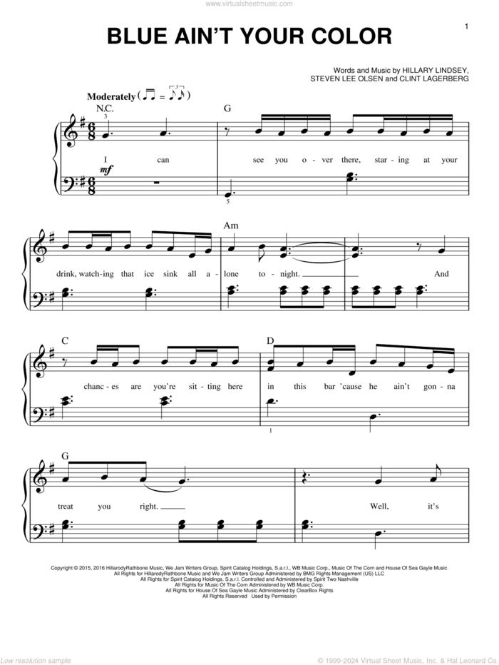 Blue Ain't Your Color sheet music for piano solo by Keith Urban, Clint Lagerberg, Hillary Lindsey and Steven Lee Olsen, easy skill level