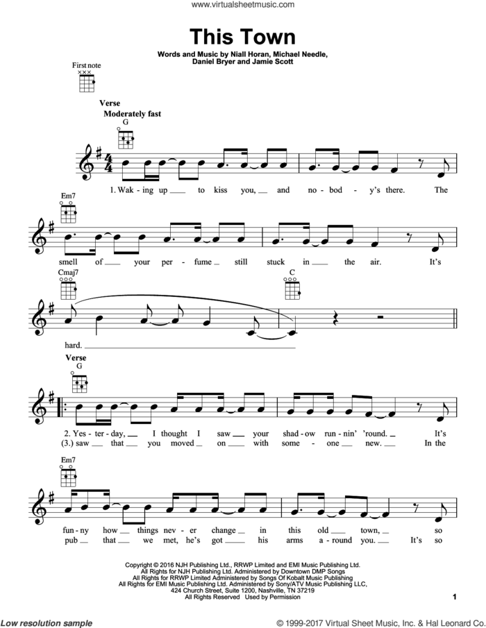 This Town sheet music for ukulele by Niall Horan, Daniel Bryer, Jamie Scott and Michael Needle, intermediate skill level