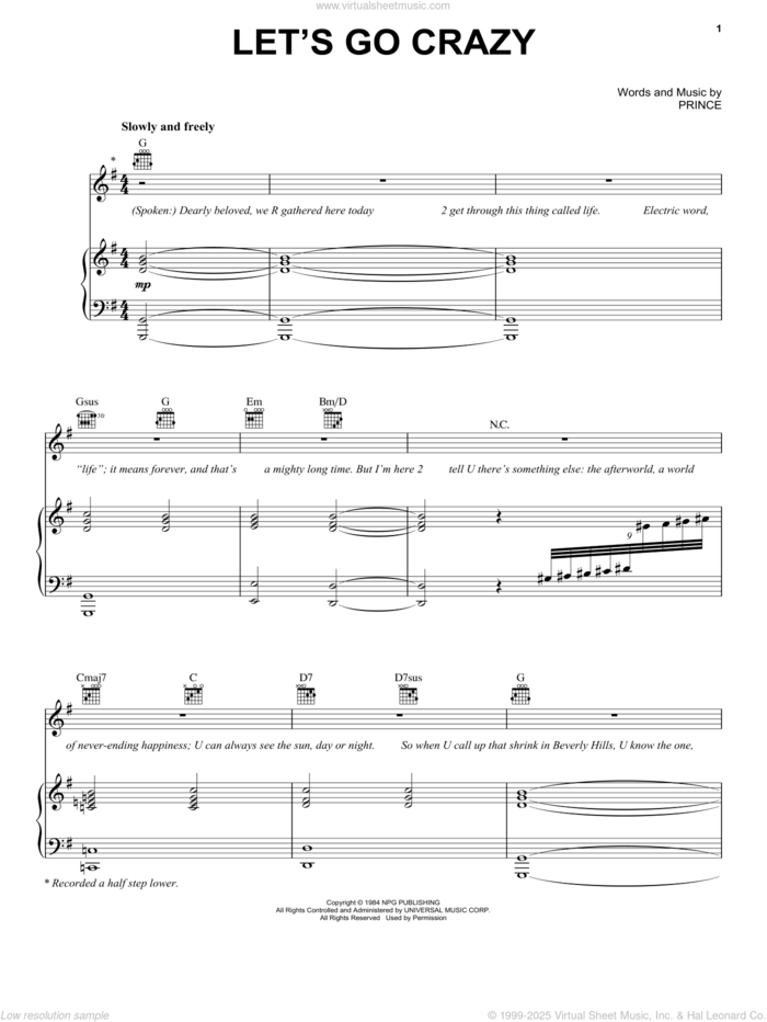 Let's Go Crazy sheet music for voice, piano or guitar by Prince and Prince & The Revolution, intermediate skill level
