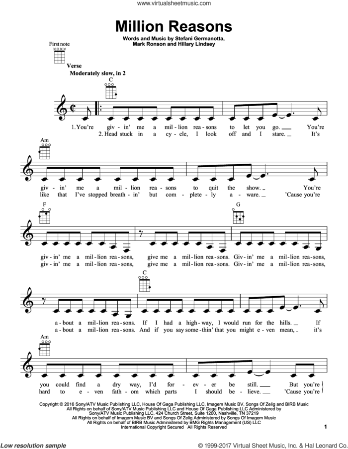 Million Reasons sheet music for ukulele by Lady Gaga, Hillary Lindsey and Mark Ronson, intermediate skill level