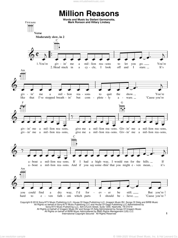 Million Reasons sheet music for ukulele by Lady Gaga, Hillary Lindsey and Mark Ronson, intermediate skill level