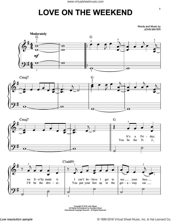 Love On The Weekend sheet music for piano solo by John Mayer, easy skill level