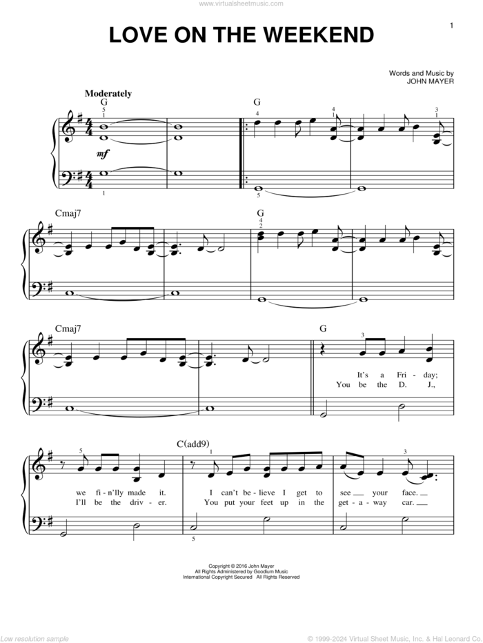 Love On The Weekend sheet music for piano solo by John Mayer, easy skill level