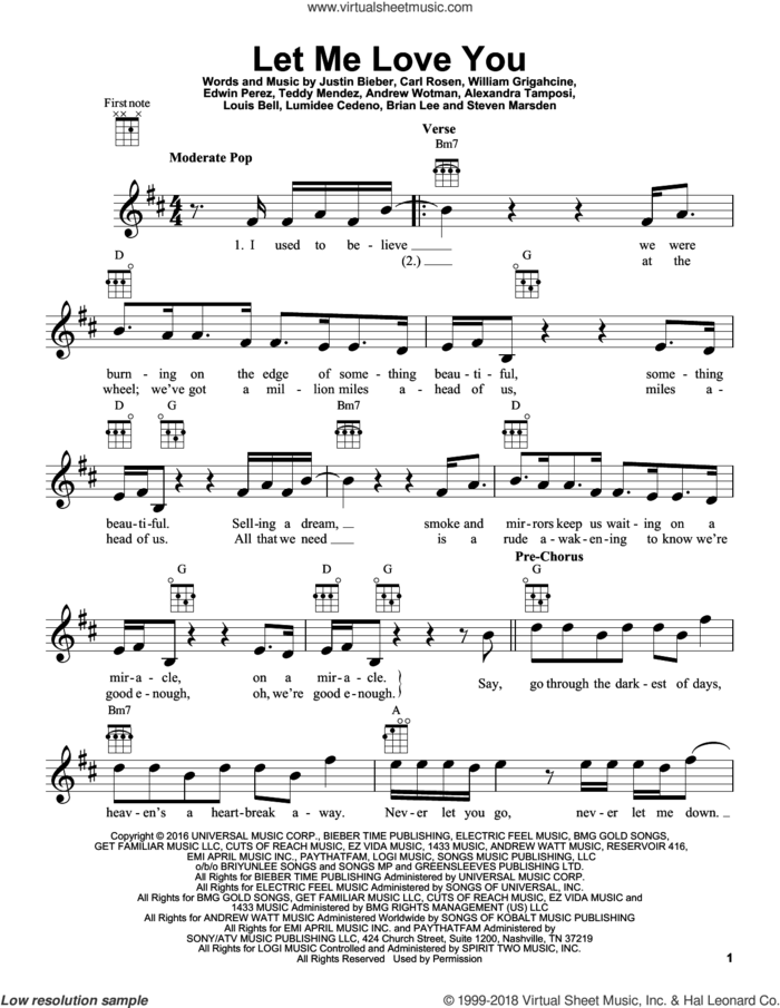 Let Me Love You sheet music for ukulele by DJ Snake Feat. Justin Bieber, Alexandra Tamposi, Andrew Wotman, Brian Lee, Carl Rosen, Justin Bieber, Louis Bell and William Grigahcine, intermediate skill level