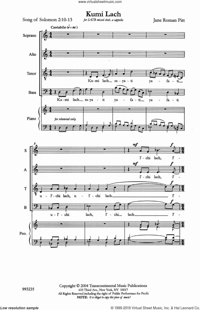 Kumi Lach sheet music for choir (SATB: soprano, alto, tenor, bass) by Jane Roman Pitt and Song of Solomon 2:10-13, intermediate skill level
